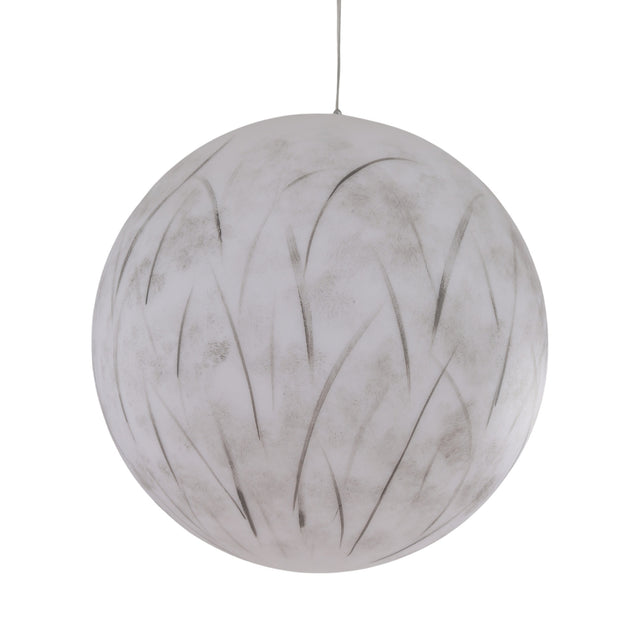 The Lunar Pendant Light - White is a spherical fixture with subtle gray brushstroke patterns like wispy grass or leaves, hand-painted across its white surface.