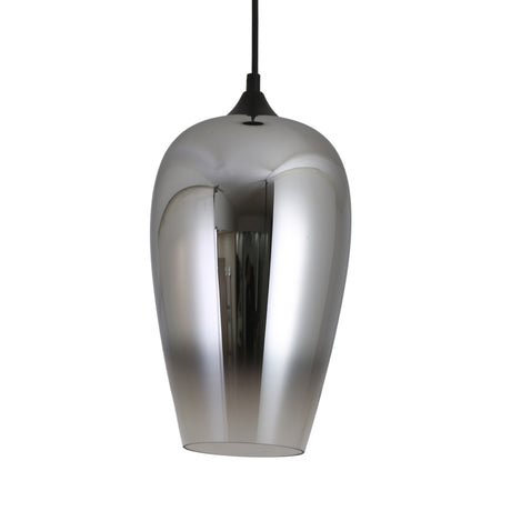 The Slice Glass Pendant Light - Chrome features a sleek, reflective finish and an elongated, rounded design, suspended from a black cord against a plain white background.