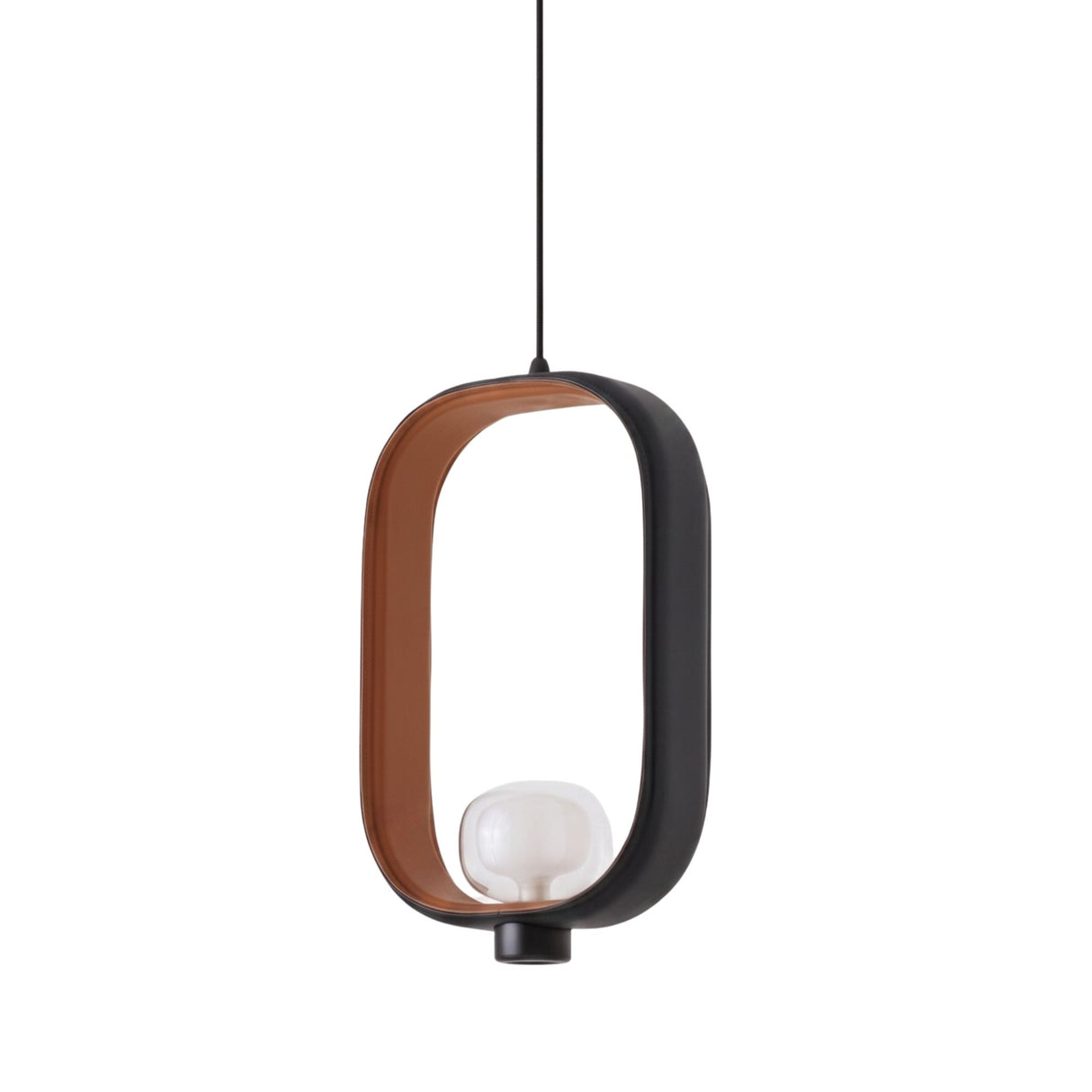 Strappa Pendant Light with oval grey metal frame, tan leather inner lining, and smoked glass shade housing a G9 bulb, shown on a plain white background.