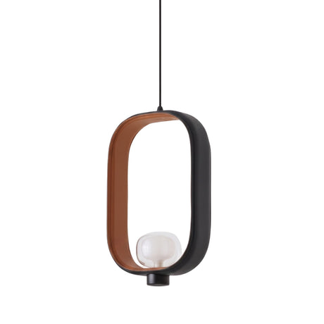 Strappa Pendant Light with oval grey metal frame, tan leather inner lining, and smoked glass shade housing a G9 bulb, shown on a plain white background.