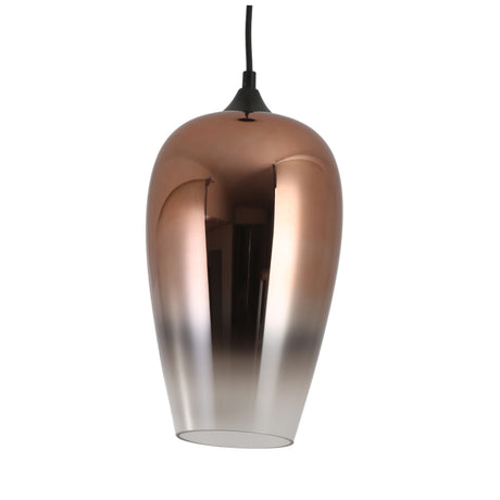 The Slice Glass Pendant Light - Copper features a smooth, metallic copper and silver gradient finish and hangs from a black cord against a white background.