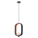 Strappa Pendant Light with oval grey metal frame, tan leather stitched inner lining, and smoked glass shade with G9 bulb, on a plain white background.