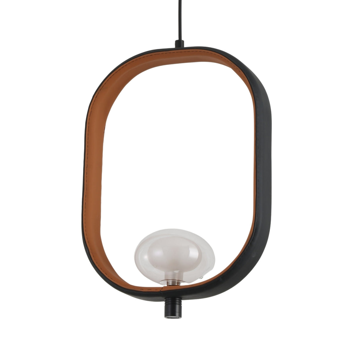 The Strappa Pendant Light - Grey/Black is a modern pendant lamp with a black oval frame and brown inner lining, featuring a round G9 LED light at the bottom center, reminiscent of a Chinese lantern, suspended by a black cord.