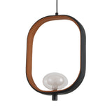 The Strappa Pendant Light - Grey/Black is a modern pendant lamp with a black oval frame and brown inner lining, featuring a round G9 LED light at the bottom center, reminiscent of a Chinese lantern, suspended by a black cord.