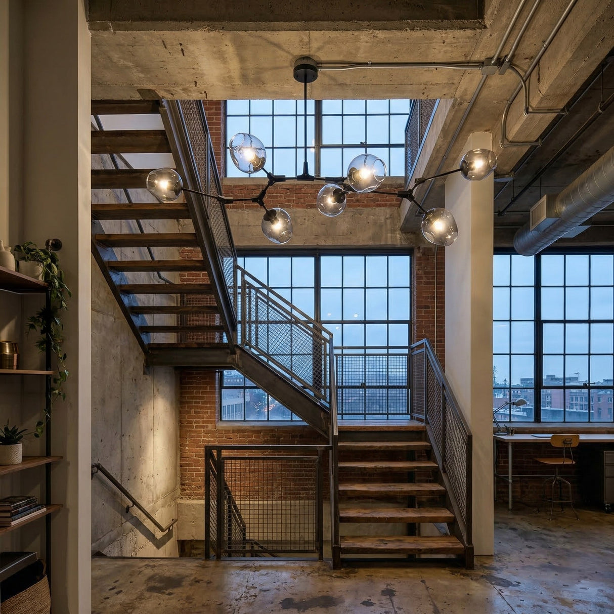 Niori Tree 7 Light Suspension in black with branching arms and clear glass globes, hanging in an industrial loft stairwell with brick walls and grid windows.