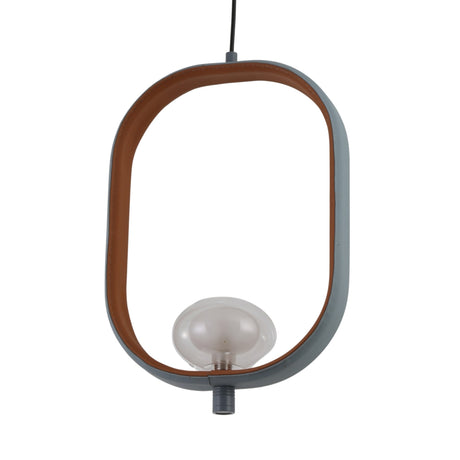 The Strappa Pendant Light - Grey/Black showcases an oval open metal frame, inspired by Chinese lanterns, in grey outside and black inside, hanging from a black cord with a round bulb at the bottom for a modern accent.