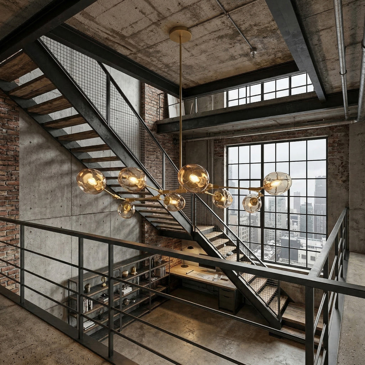 A modern industrial loft with exposed brick walls, large windows, metal railings, and floating stairs features the Tree 8 Light Suspension - Gold as an elegant gold suspension light hanging strikingly from the ceiling.