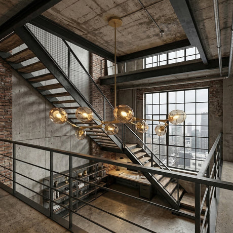 A modern industrial loft with exposed brick walls, large windows, metal railings, and floating stairs features the Tree 8 Light Suspension - Gold as an elegant gold suspension light hanging strikingly from the ceiling.