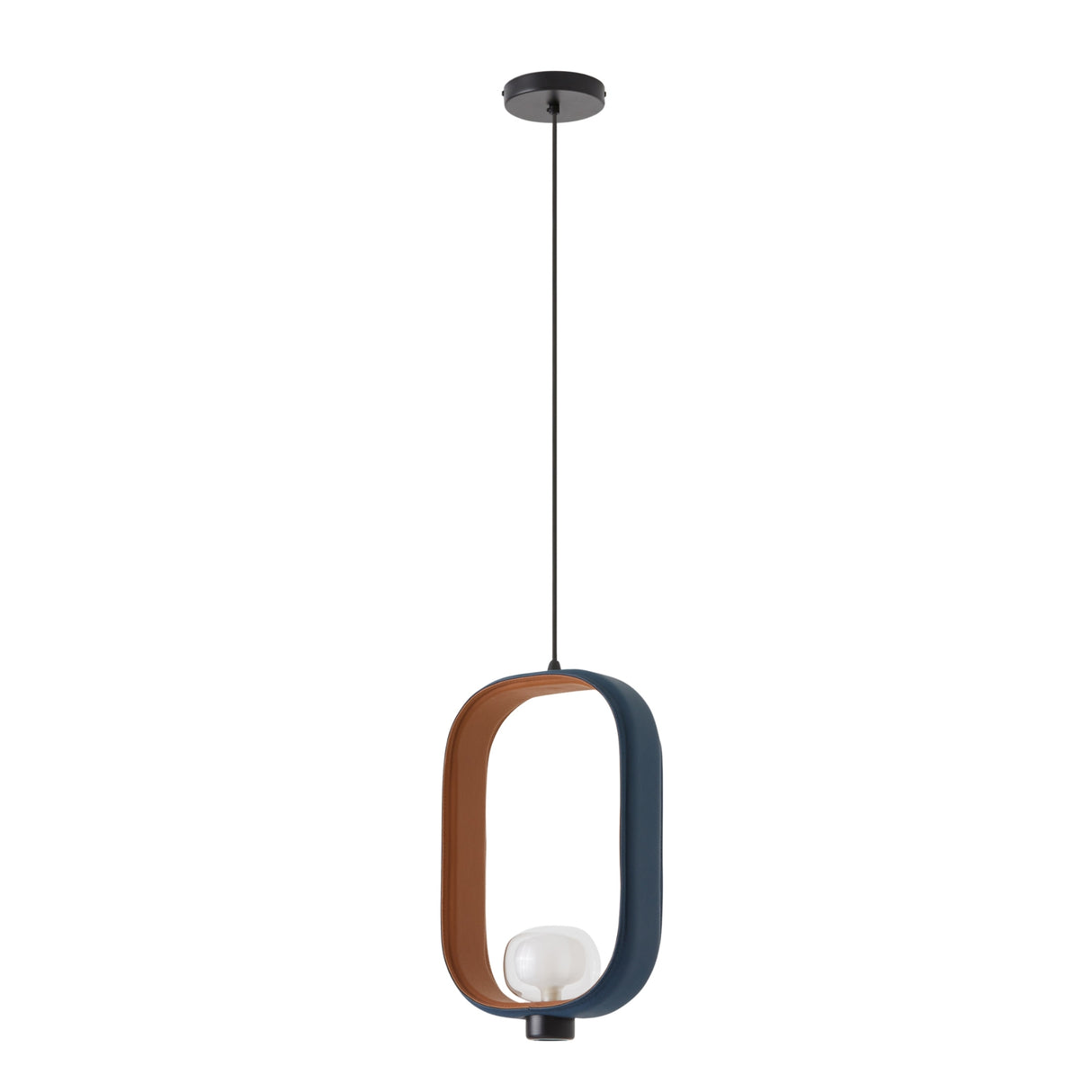 Strappa Pendant Light with oval grey metal frame, tan leather trim, and smoked glass shade for a G9 bulb, on a black cord.