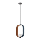 Strappa Pendant Light with oval grey metal frame, tan leather trim, and smoked glass shade for a G9 bulb, on a black cord.