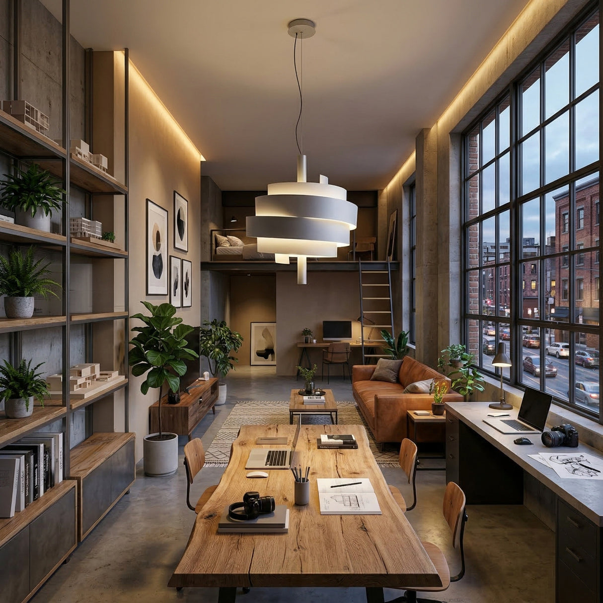 A modern loft office with large windows, a wooden table with laptops and papers, a brown leather couch, indoor plants, wall art, open shelving, and warm ambient lighting from the Picasso Pendant Light - Graphite. City buildings visible outside.