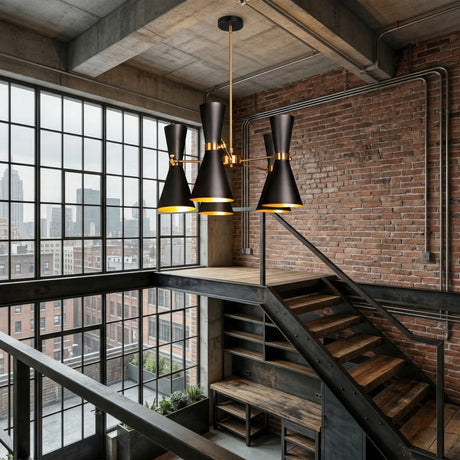 Industrial-style loft with exposed brick walls, large metal-framed windows, and a striking Ramses 5 Light Chandelier - Black. A sleek steel staircase and city skyline enhance the modern, light-filled interior.