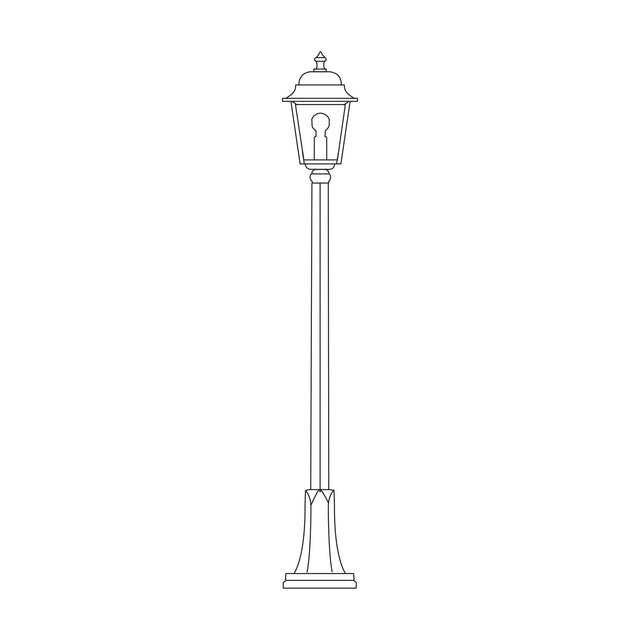Line drawing of the Coping cast aluminium outdoor lamp post, 156cm, with a domed lantern head on a slim fluted column and flared flange-plate base, on a plain white background.