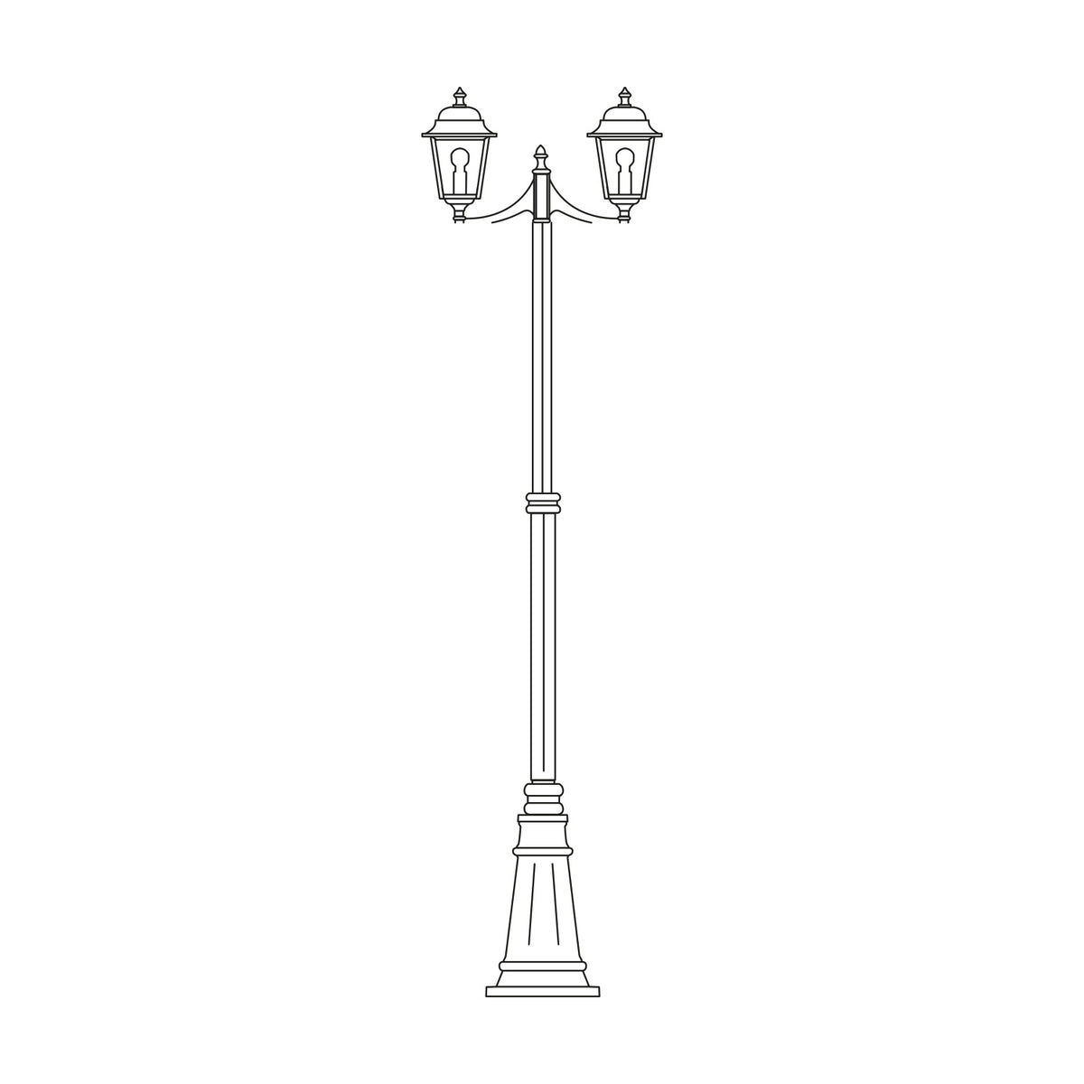 Coping cast aluminium outdoor 2-light lamp post, 250cm, with twin domed lanterns on curved arms atop a tall fluted column and swelling plinth base, shown in line-art on a white background.