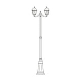 Coping cast aluminium outdoor 2-light lamp post, 250cm, with twin domed lanterns on curved arms atop a tall fluted column and swelling plinth base, shown in line-art on a white background.