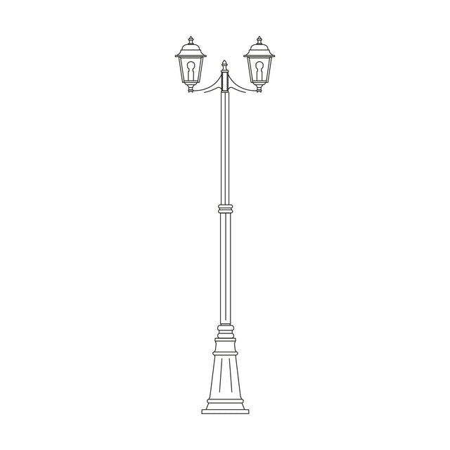 Coping cast aluminium outdoor 2-light lamp post, 250cm, with twin domed lanterns on curved arms atop a tall fluted column and swelling plinth base, shown in line-art on a white background.