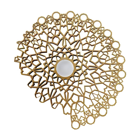 The Notredame LED Large Wall Light - Gold features intricate geometric patterns inspired by Gothic cathedrals, a central circular mirror, and decorative edges in a gold finish, creating a striking partial-circle design for your wall.
