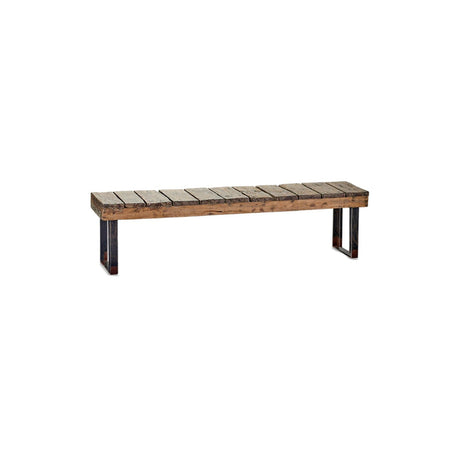 Pesmanne Large Reclaimed Teak Garden Bench in natural finish, with slatted wood top in weathered grey to brown tones on black powder-coated U-shaped iron legs, shown on a plain white background.