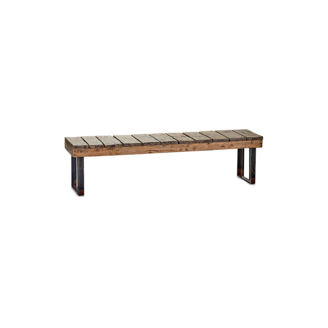 Oso Large Reclaimed Teak Garden Bench in natural finish, with slatted wood top in weathered grey to brown tones on black powder-coated U-shaped iron legs, shown on a plain white background.
