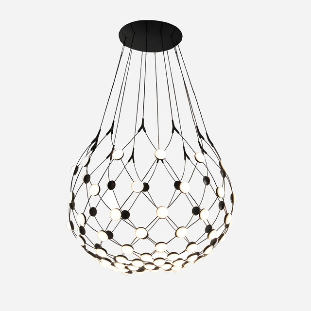 The Mesh LED Medium Suspension Light - Black showcases a semi-transparent design with interconnected wire strands and circular LEDs. This contemporary pendant offers uniform light distribution and hangs from a black ceiling plate set against a white background.