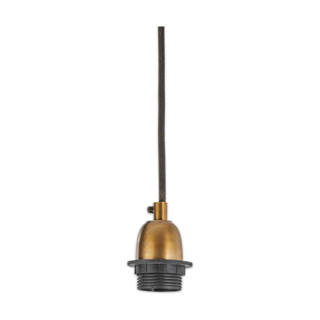 Otti Pendant Light Fitting in antique brass with domed lampholder, grub screw, black threaded collar and woven fabric cable, shown on a plain white background.
