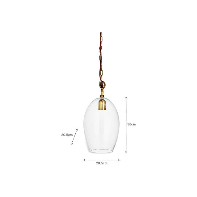 Otoro Small Oval Recycled Glass Pendant Light in Clear, with an egg-shaped glass shade, brass collar and chain, shown on a plain white background with dimension markers (30cm height, 20.5cm width).