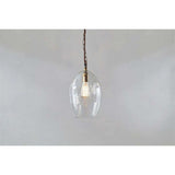 Otoro Small Oval Recycled Glass Pendant Light in Clear, egg-shaped glass shade with brass collar and lampholder on a chain, shown against a plain light grey background.