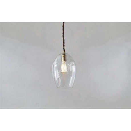 Otoro Small Oval Recycled Glass Pendant Light in Clear, egg-shaped glass shade with brass collar and lampholder on a chain, shown against a plain light grey background.