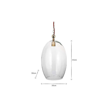 Otoro Large Oval Recycled Glass Pendant Light in Clear, a tall barrel-shaped shade with brass collar, visible lampholder and chain, shown with dimensions on a white background.