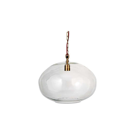 Otoro Large Round Recycled Glass Pendant Light in Clear, a flattened sphere shade with brass collar and chain on brown flex, shown on a plain white background.