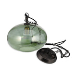 Otoro Small Round Recycled Glass Pendant Light in Green, a flattened spherical shade with brass collar and black chain and ceiling rose, shown on a plain white background.