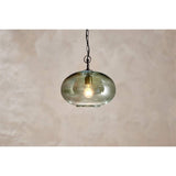 Otoro Small Round Recycled Glass Pendant Light in green, a flattened spherical glass shade with brass collar, hung from a black chain against a plain neutral backdrop.