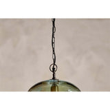 Otoro Small Round Recycled Glass Pendant Light in Green, close-up of smoky green glass dome with brass collar and black chain, against a plain light background.