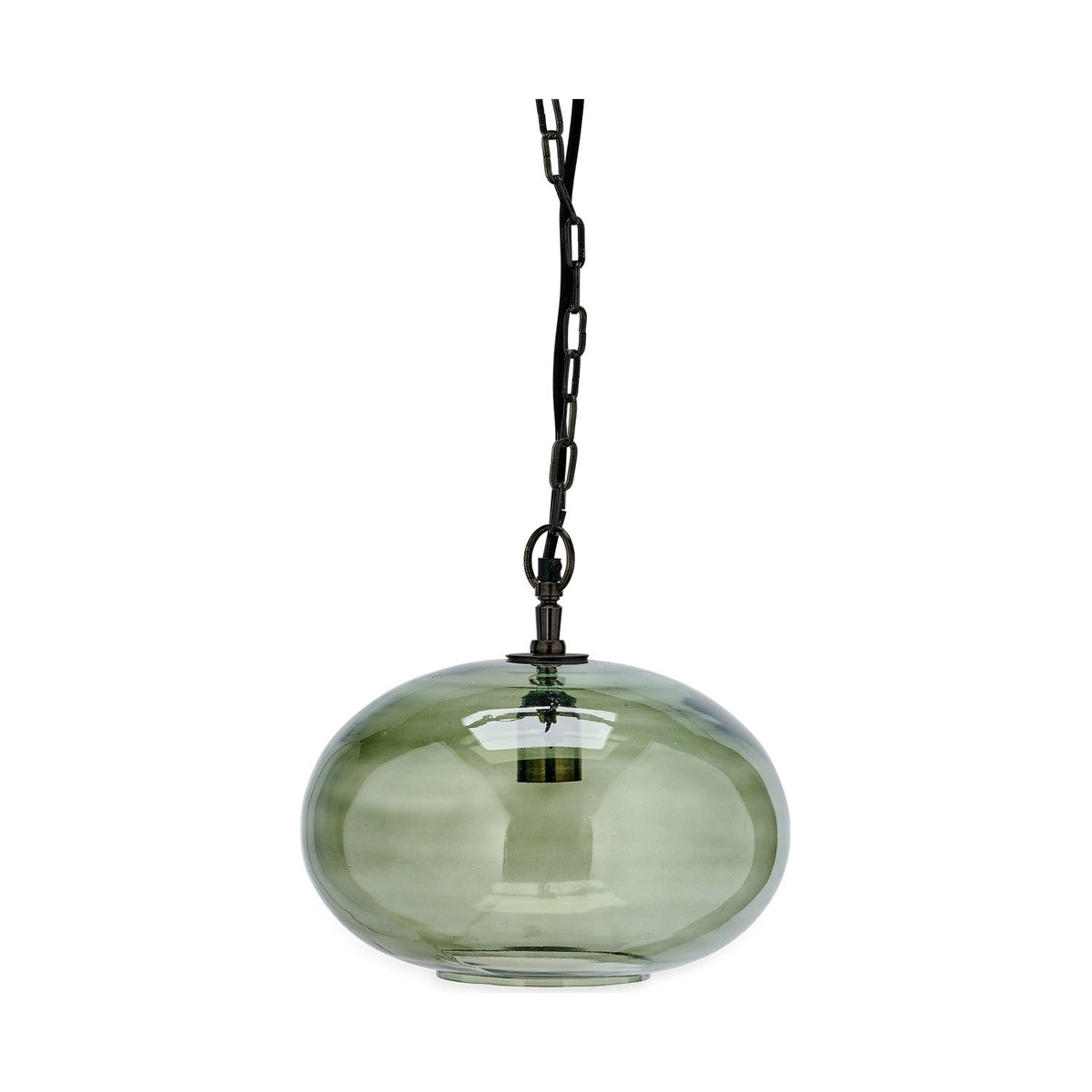Otoro Small Round Recycled Glass Pendant Light in green, a flattened spherical shade with brass collar, hung from a black chain, shown against a white background.