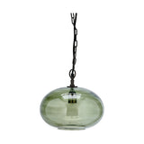 Otoro Small Round Recycled Glass Pendant Light in green, a flattened spherical shade with brass collar, hung from a black chain, shown against a white background.