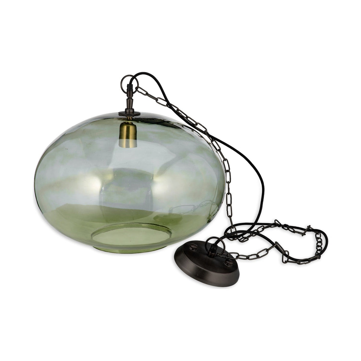 Otoro Large Round Recycled Glass Pendant Light in green, a flattened spherical shade with brass collar, suspended from a black chain and ceiling rose, shown on a white background.