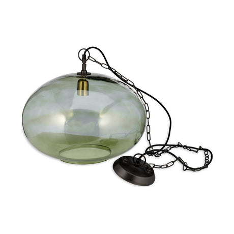 Otoro Large Round Recycled Glass Pendant Light in green, a flattened spherical shade with brass collar, suspended from a black chain and ceiling rose, shown on a white background.