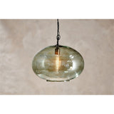 Otoro Large Round Recycled Glass Pendant Light in green, a flattened spherical shade with a brass collar and visible bulb, hung from a black chain against a plain background.