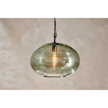 Otoro Large Round Recycled Glass Pendant Light in green, a flattened spherical shade with a brass collar and visible bulb, hung from a black chain against a plain background.