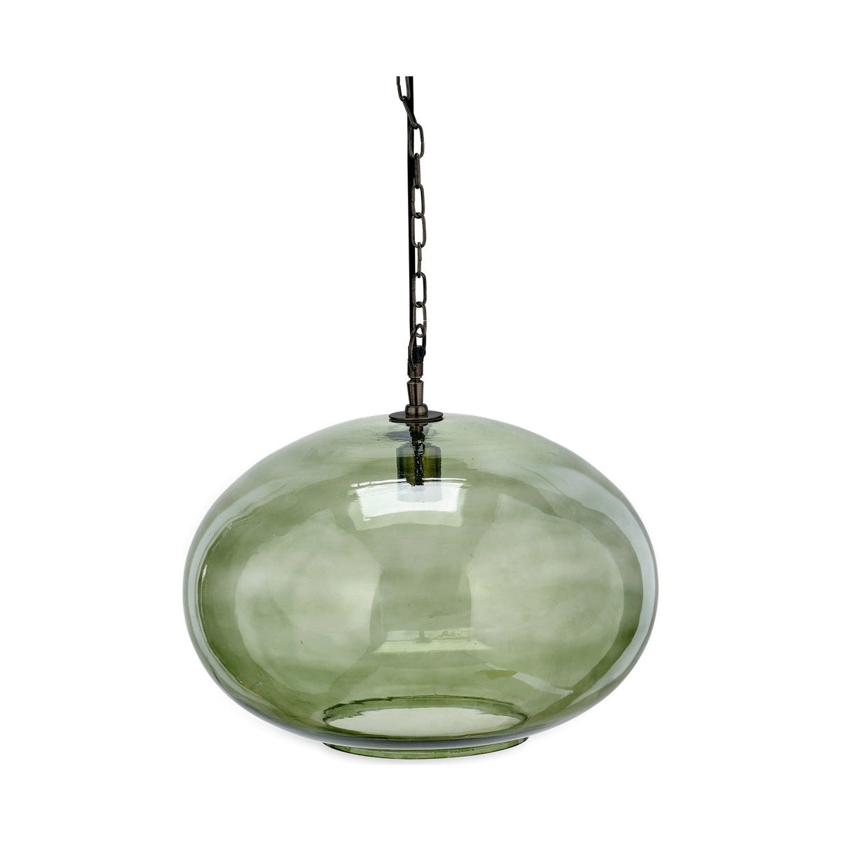 Otoro Large Round Recycled Glass Pendant Light in Green, a flattened spherical shade with brass ceiling chain and fitting, shown on a plain white background.