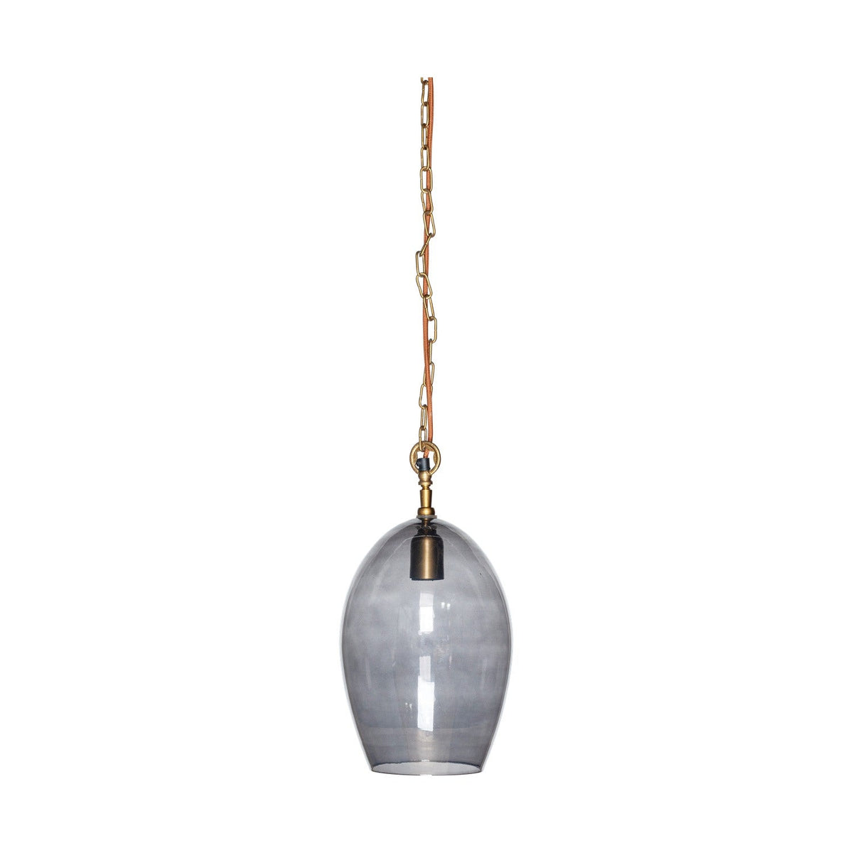 Otoro Small Oval Recycled Glass Pendant Light in smoke grey, an egg-shaped glass shade with brass collar and chain on a rust fabric flex, shown on a white background.