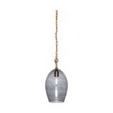 Otoro Small Oval Recycled Glass Pendant Light in smoke grey, an egg-shaped glass shade with brass collar and chain on a rust fabric flex, shown on a white background.