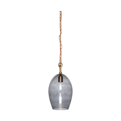 Otoro Small Oval Recycled Glass Pendant Light in smoke grey, an egg-shaped glass shade with brass collar and chain on a rust fabric flex, shown on a white background.