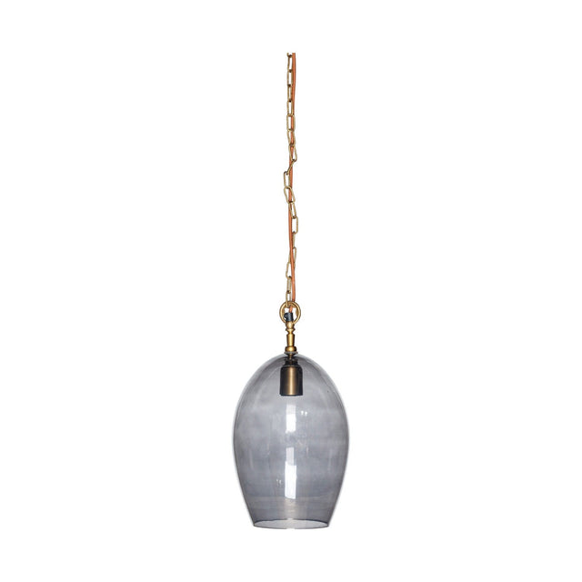 Otoro Small Oval Recycled Glass Pendant Light in smoke grey, an egg-shaped glass shade with brass collar and chain on a rust fabric flex, shown on a white background.