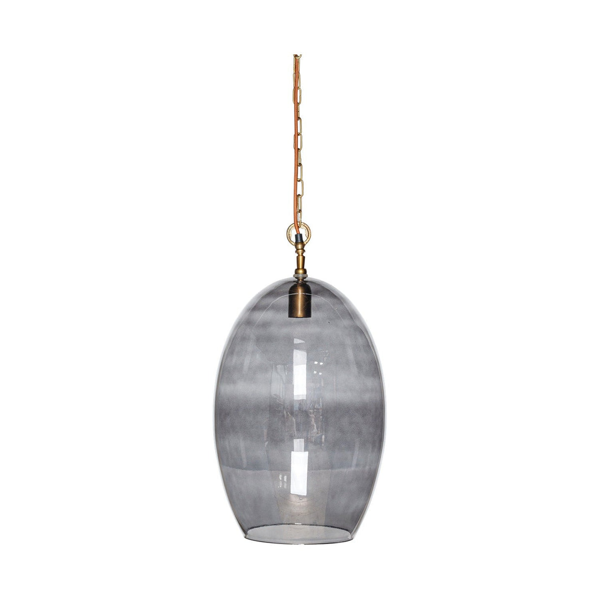 Otoro Large Oval Recycled Glass Pendant Light in smoke, a tall egg-shaped shade with brass collar and chain on a rust fabric flex, shown on a plain white background.