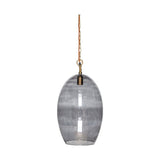 Otoro Large Oval Recycled Glass Pendant Light in smoke, a tall egg-shaped shade with brass collar and chain on a rust fabric flex, shown on a plain white background.