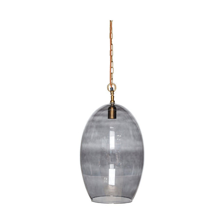 Otoro Large Oval Recycled Glass Pendant Light in smoke, a tall egg-shaped shade with brass collar and chain on a rust fabric flex, shown on a plain white background.