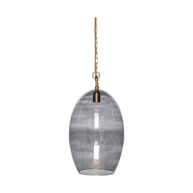 Otoro Large Oval Recycled Glass Pendant Light in smoke, a tall egg-shaped shade with brass collar and chain on a rust fabric flex, shown on a plain white background.