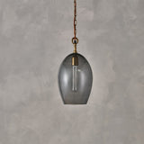 Otoro Large Oval Recycled Glass Pendant Light in smoke, an egg-shaped shade with brass collar and fitting on a rust fabric flex and chain, shown against a plain grey background.