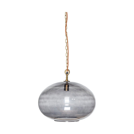 Otoro Large Round Recycled Glass Pendant Light in Smoke, a flattened sphere shade in cool grey glass with brass collar and chain suspension, shown on a plain white background.